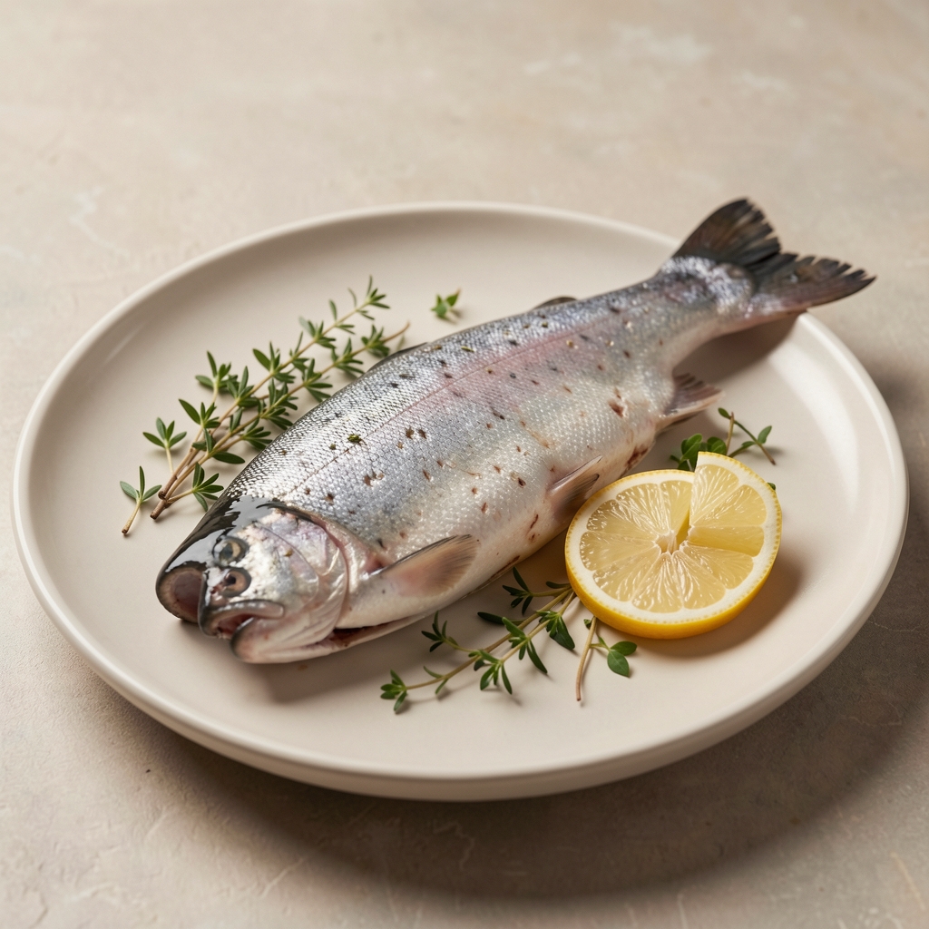 Gedämpfter Lachs auf hellem Teller mit Kräutern und Zitronenscheibe, ruhige editoriale Aufnahme, natürliches Licht