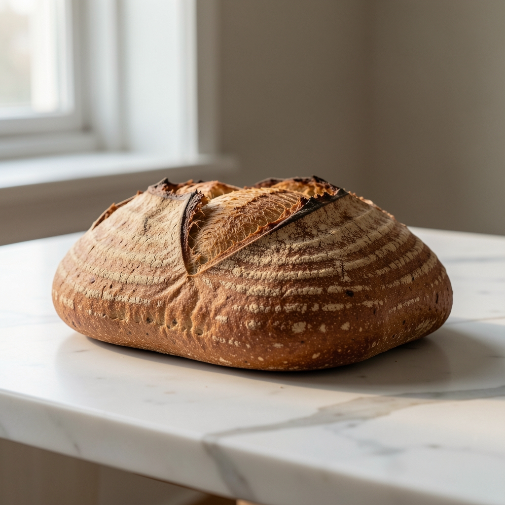 Rohe Haferflocken und Vollkornbrot auf hellem Marmortisch, Seitenansicht, natürliches Morgenlicht, ruhige Stillleben-Komposition