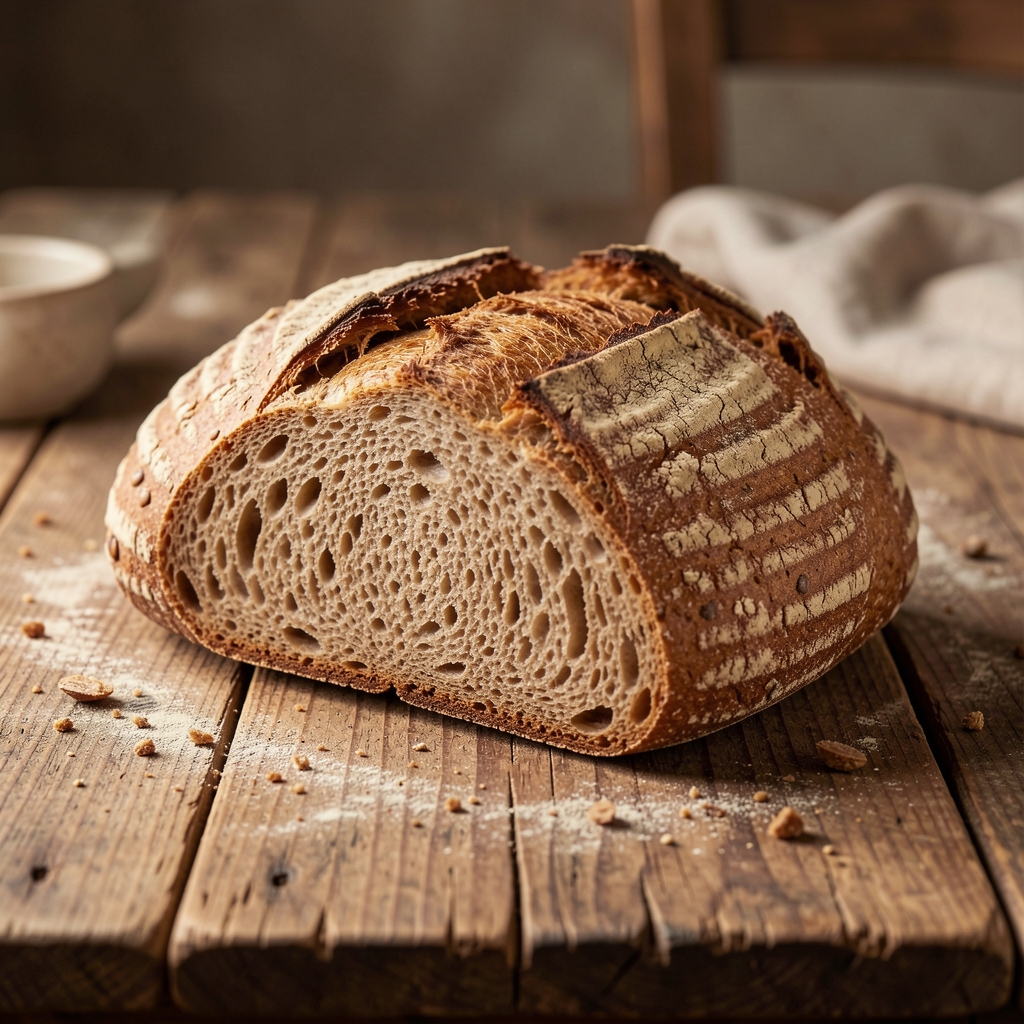 Gekochte Linsen und Vollkornbrot auf rustikalem Holztisch, gedämpfte natürliche Töne, editoriale Aufnahme